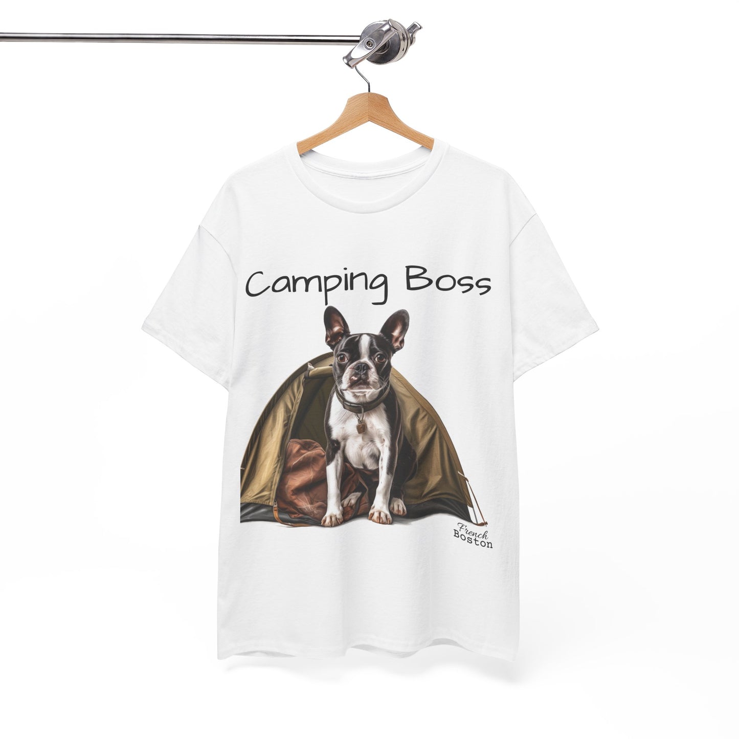 "Camping Boss" Boston Terrier with Tent Unisex Heavy Cotton Tee