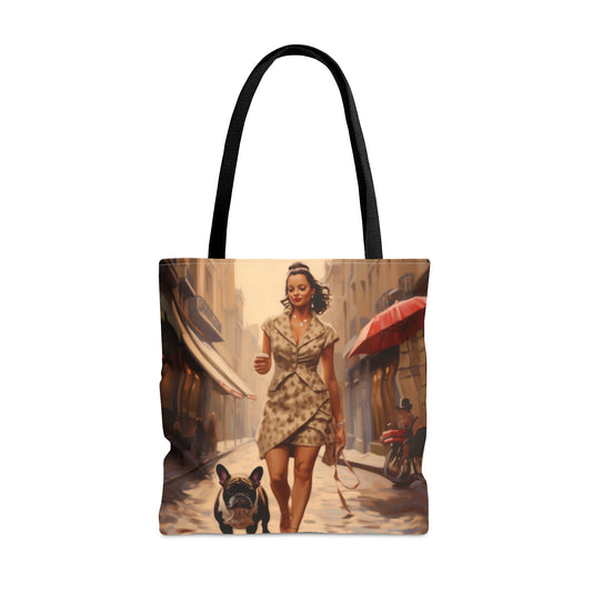 Woman walking French Bulldog french themed Tote Bag (AOP) - French Boston