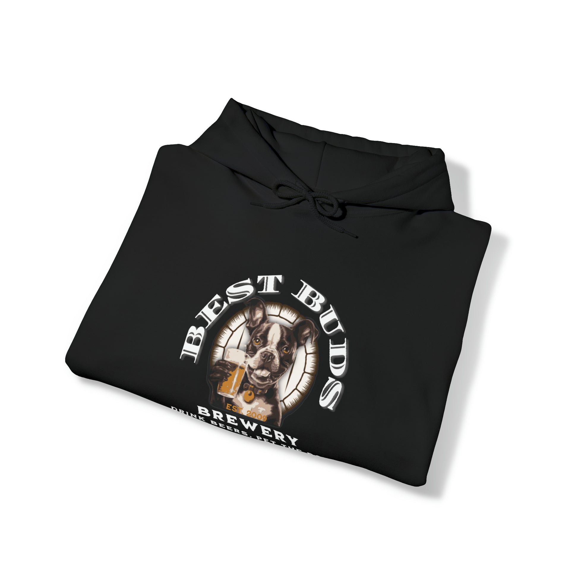 "Best Buds Brewery - Drink Beers, Pet the Dog, & Never Drink Alone" - Boston Terrier Themed Unisex Heavy Blend™ Hooded Sweatshirt - French Boston